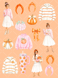 Watercolor autumn clipart collection featuring fashionable girls, orange and pink pumpkins, bows, knotted headbands, fall sweaters, and a pumpkin tumbler.