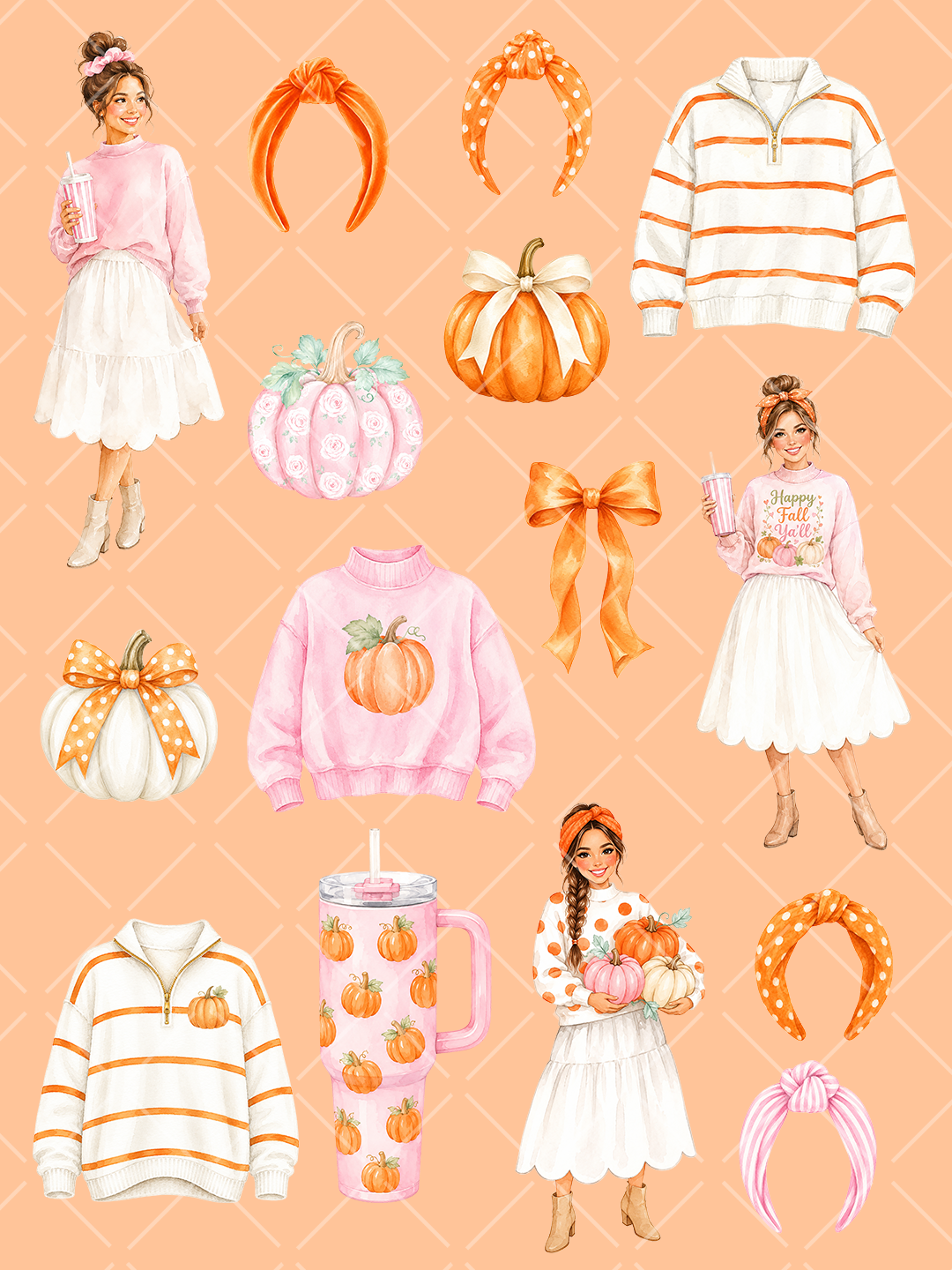 Watercolor autumn clipart collection featuring fashionable girls, orange and pink pumpkins, bows, knotted headbands, fall sweaters, and a pumpkin tumbler.