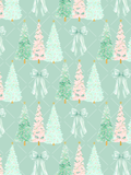 Pastel watercolor Christmas pattern with mint and pink decorated trees, oversized mint bows, gold stars, and a pale mint trellis background.