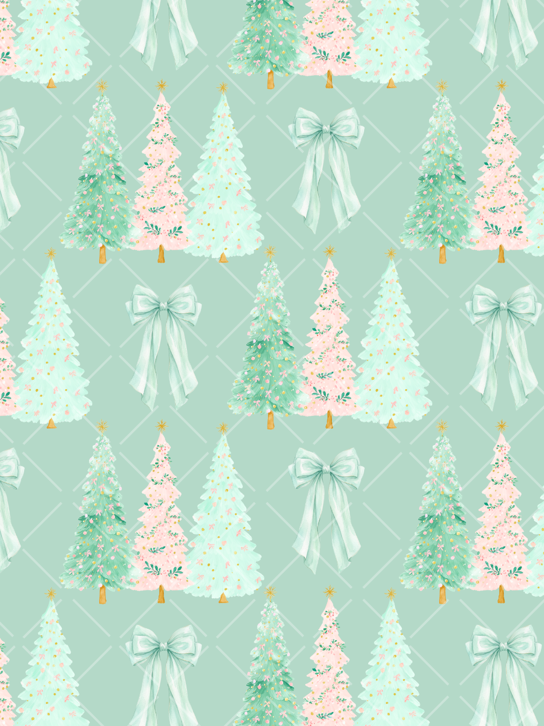 Pastel watercolor Christmas pattern with mint and pink decorated trees, oversized mint bows, gold stars, and a pale mint trellis background.