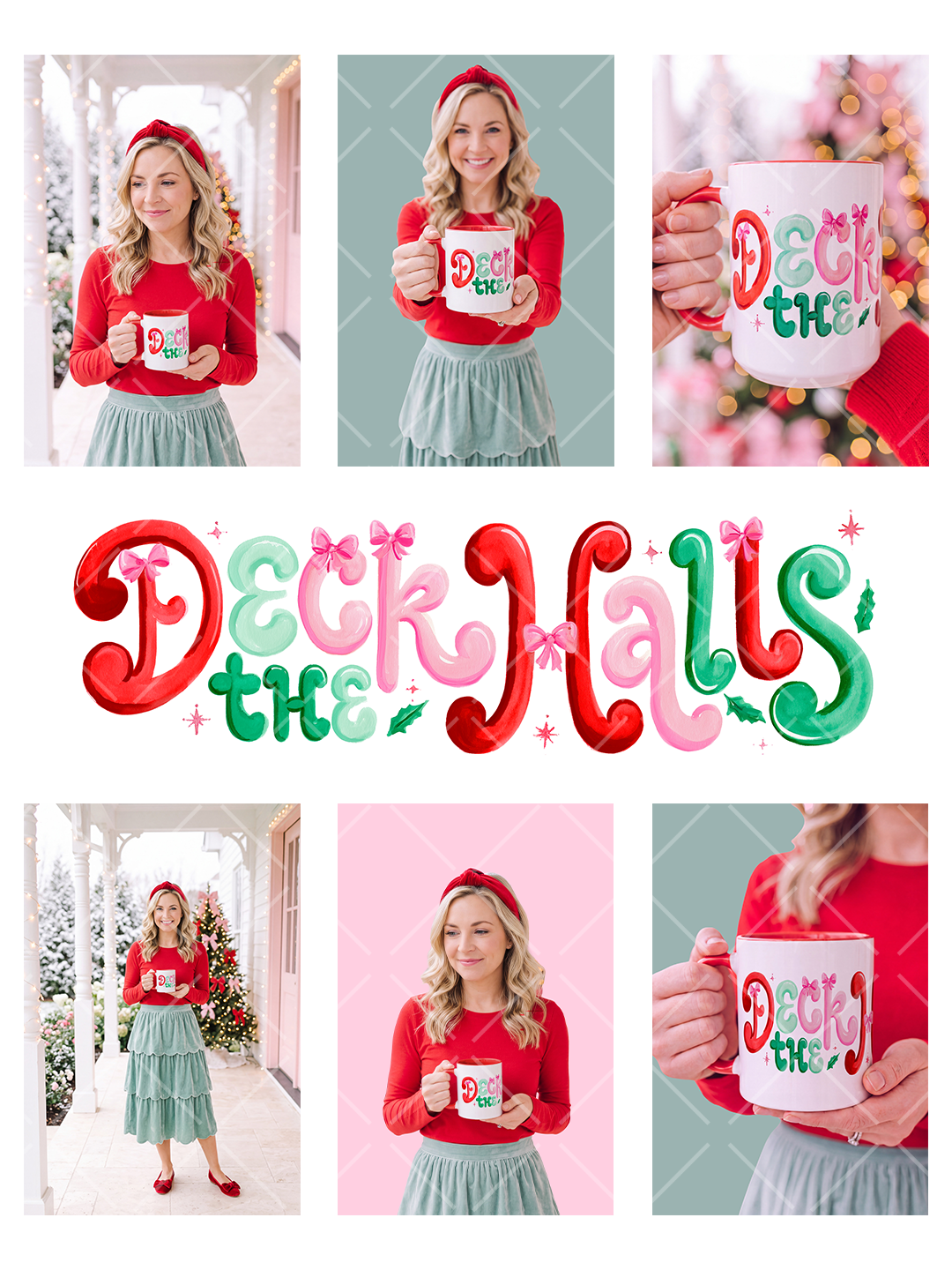 Preppy Deck the Halls mug wrap with painted red, pink, mint, and green lettering accented by bows, holly leaves, and sparkles.