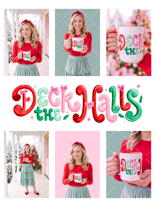 Preppy Deck the Halls mug wrap with painted red, pink, mint, and green lettering accented by bows, holly leaves, and sparkles.