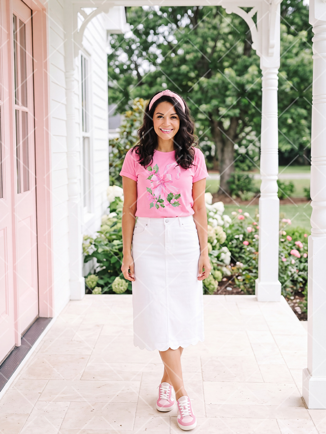 Preppy Pink T-Shirt Mockup with Woman | PSD & PNG