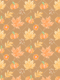 Watercolor seamless fall pattern with orange pumpkins, maple leaves, leafy sprigs, and small flowers on a tan diamond-grid background