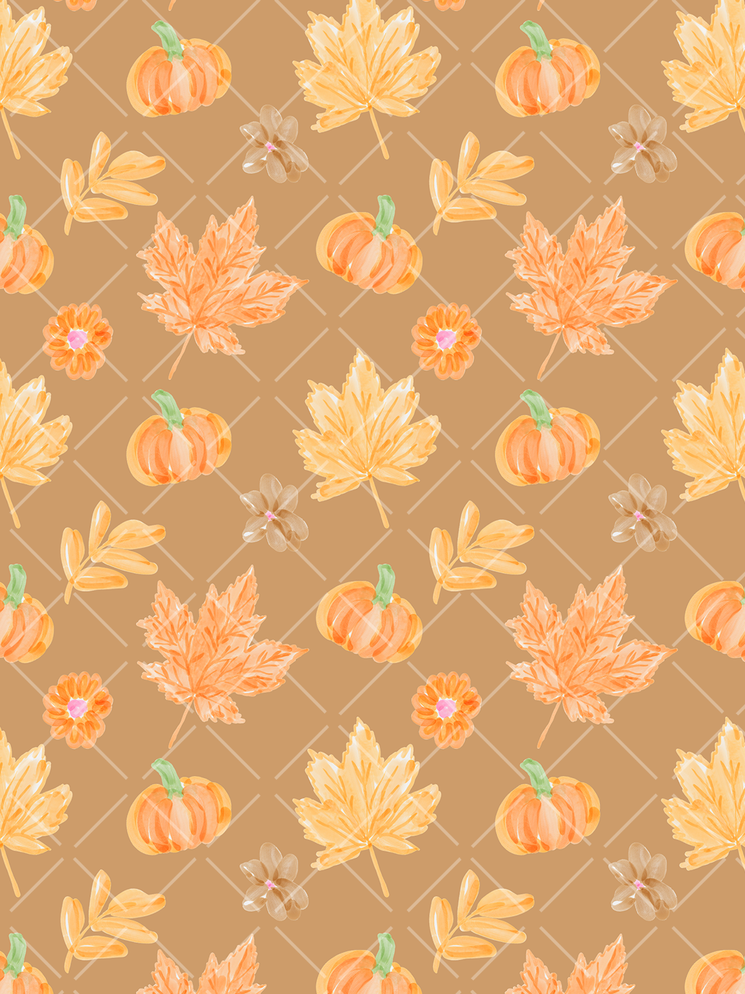Watercolor seamless fall pattern with orange pumpkins, maple leaves, leafy sprigs, and small flowers on a tan diamond-grid background