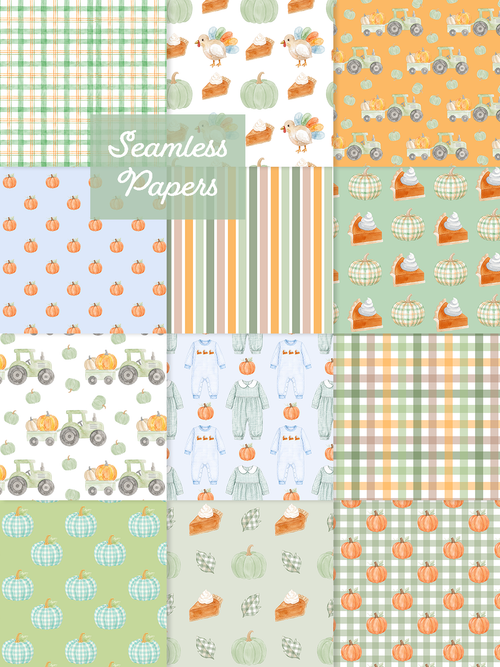 Collection of boy-themed Thanksgiving seamless patterns with watercolor tractors, pumpkin wagons, turkeys, pie, children’s outfits, plaid pumpkins, gingham, and stripes in green and orange.