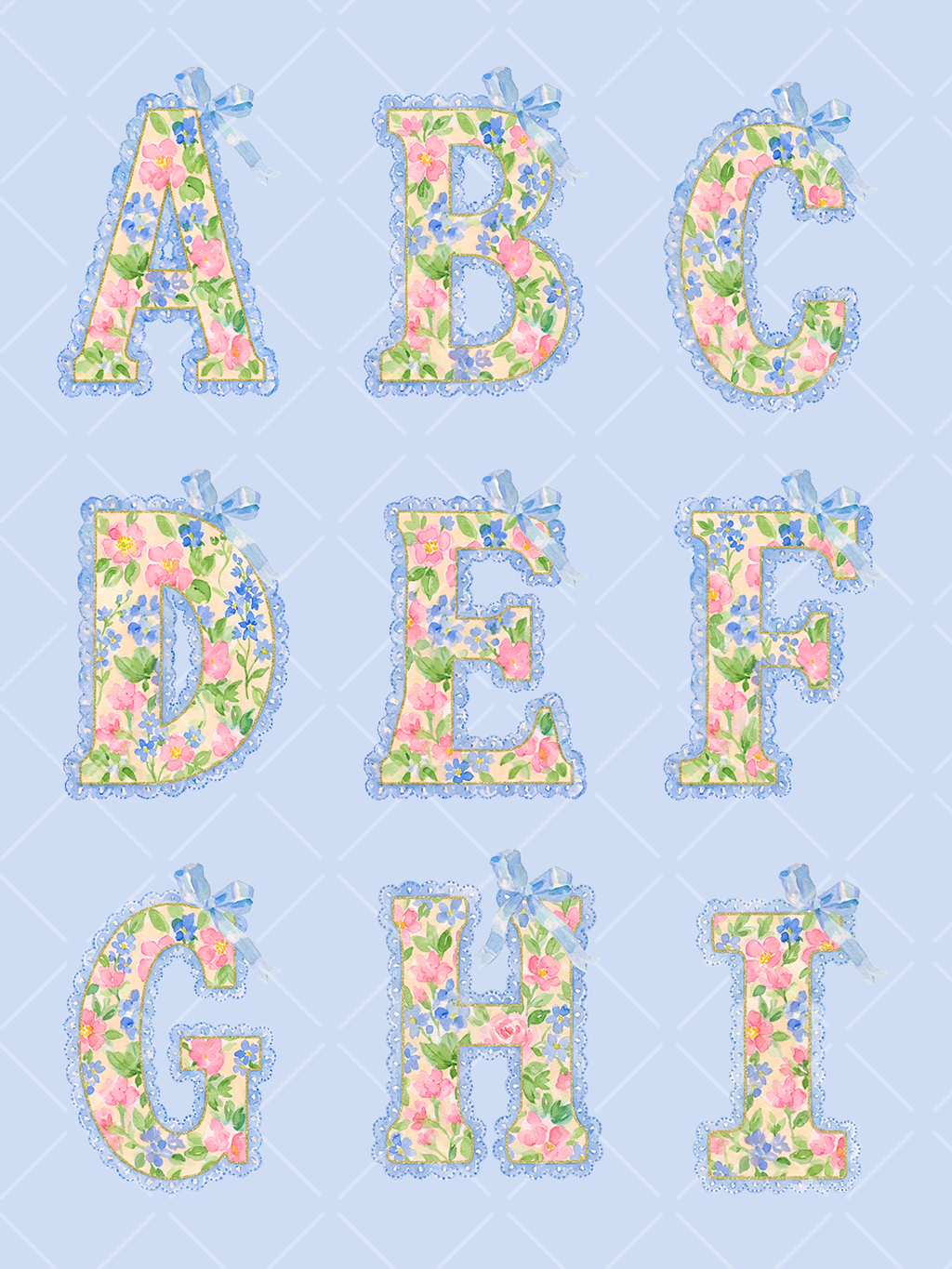 Watercolor uppercase alphabet letters A through I filled with pink and blue flowers, blue scalloped trim, gold edging, and striped bows.