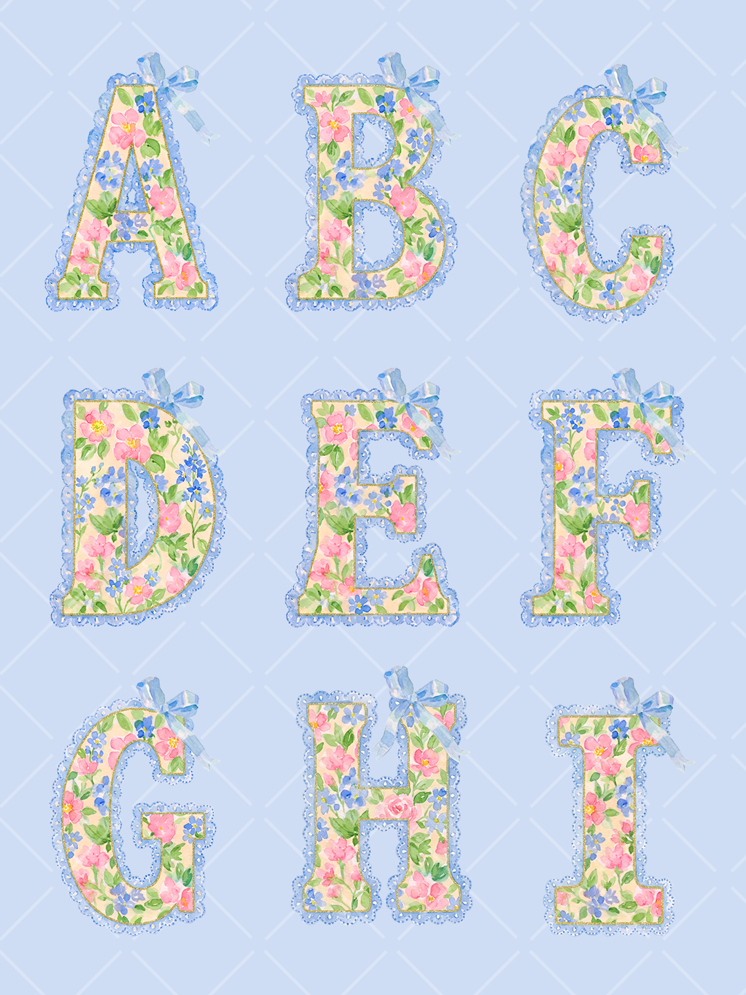 Watercolor uppercase alphabet letters A through I filled with pink and blue flowers, blue scalloped trim, gold edging, and striped bows.