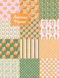 Preview of preppy fall seamless patterns with orange and pink pumpkins, bows, floral wreaths, green trellis designs, stripes, and polka dots.
