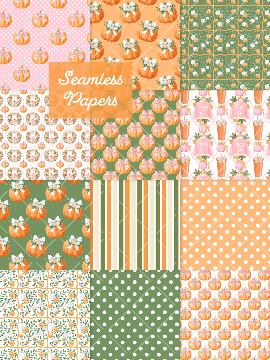 Preview of preppy fall seamless patterns with orange and pink pumpkins, bows, floral wreaths, green trellis designs, stripes, and polka dots.