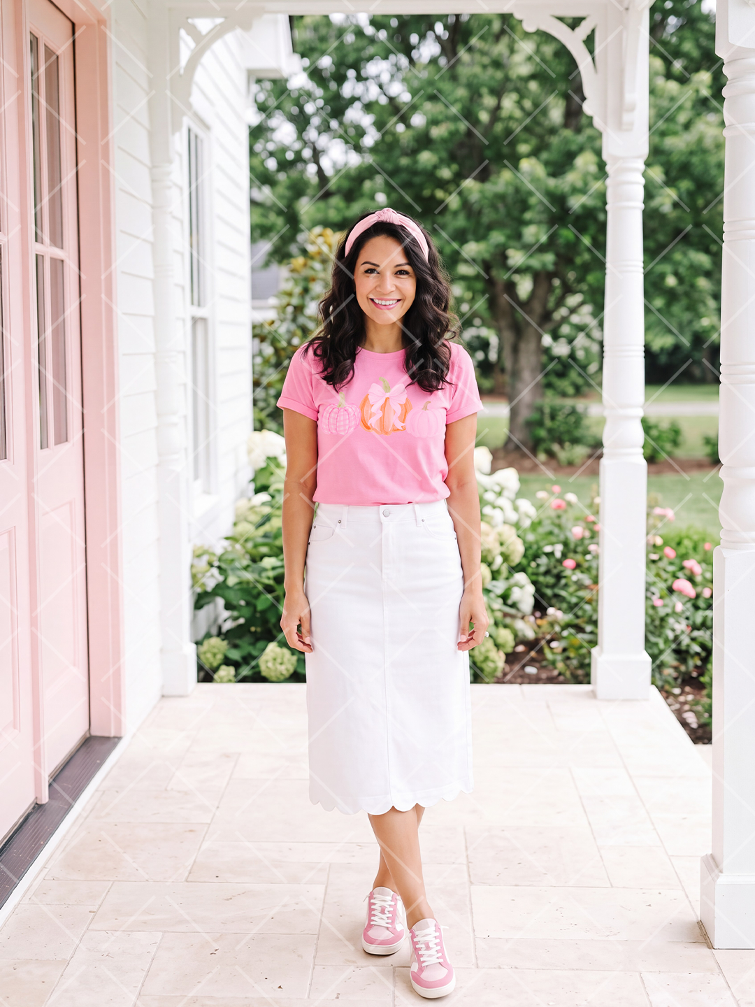 Preppy Pink T-Shirt Mockup with Woman | PSD & PNG
