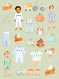 Watercolor boy Thanksgiving clipart collection with children in gingham outfits, pumpkins, turkeys, pumpkin pie, a tractor, and fall trains.
