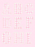 Watercolor uppercase serif alphabet letters in pink and white gingham, each outlined with creamy pearl details on a pale pink background.