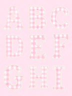 Watercolor uppercase serif alphabet letters in pink and white gingham, each outlined with creamy pearl details on a pale pink background.