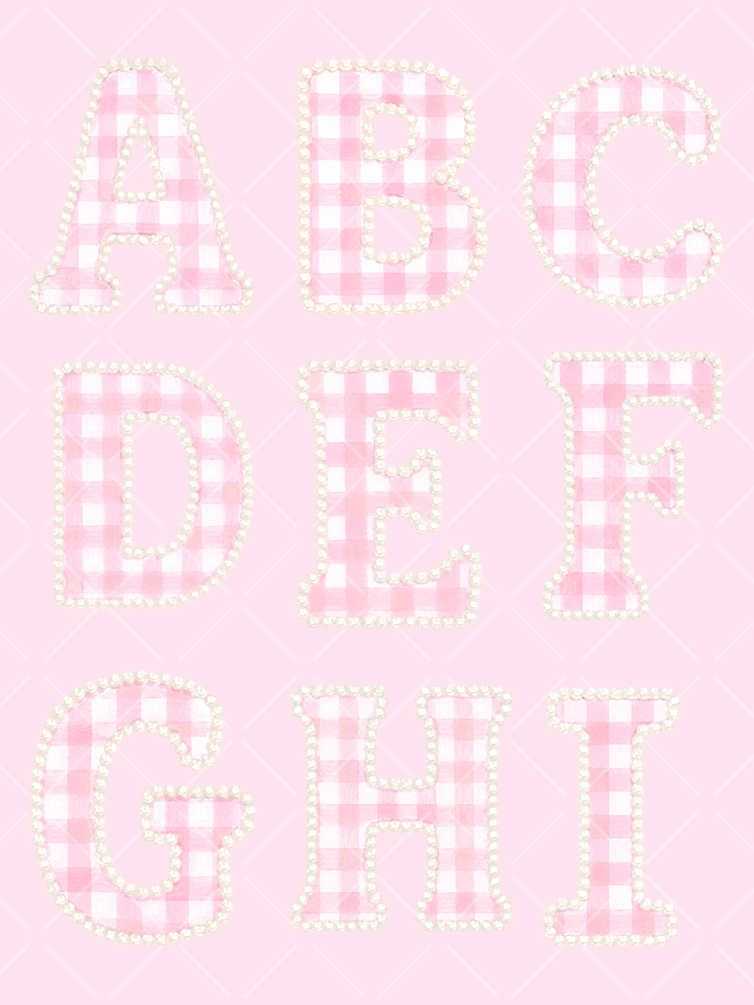 Watercolor uppercase serif alphabet letters in pink and white gingham, each outlined with creamy pearl details on a pale pink background.
