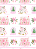 Pink watercolor Christmas seamless pattern with gingerbread houses, floral ice skates, tree snow globes, bows, and holly on white.