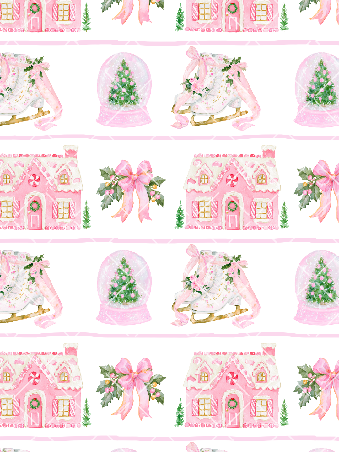 Pink watercolor Christmas seamless pattern with gingerbread houses, floral ice skates, tree snow globes, bows, and holly on white.