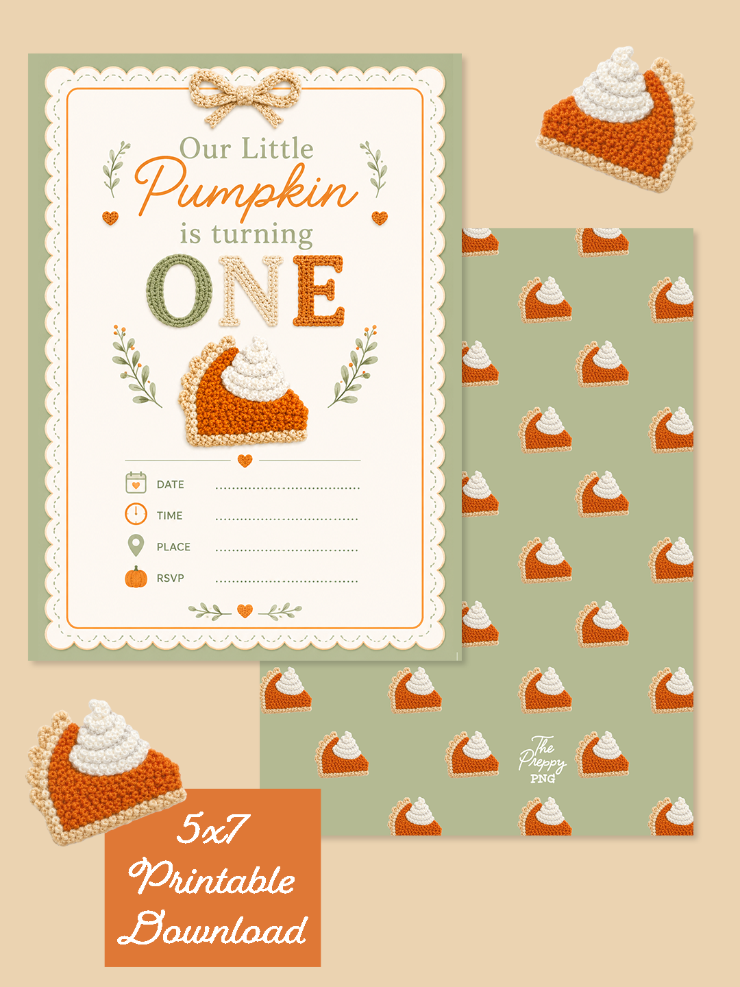 Little pumpkin first birthday invitation with sage green and cream scalloped borders, orange crochet-style lettering, botanical sprigs, and pumpkin pie artwork.