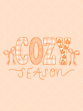 Orange Cozy Season lettering with gingham details, small pumpkins, and hand-drawn bows