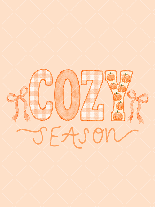 Orange Cozy Season lettering with gingham details, small pumpkins, and hand-drawn bows