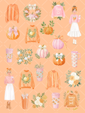 Watercolor fall clipart collection with pink and orange pumpkins, cozy sweaters, bows, florals, drink cups, wreaths, and fashionable women.