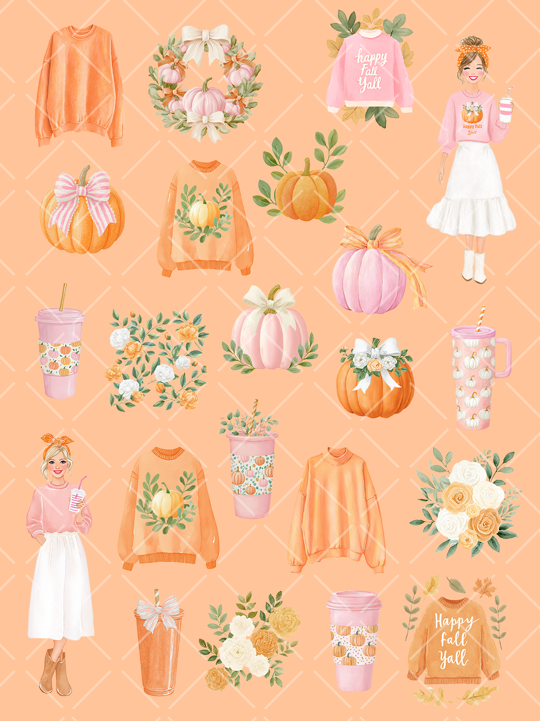 Watercolor fall clipart collection with pink and orange pumpkins, cozy sweaters, bows, florals, drink cups, wreaths, and fashionable women.