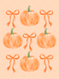 Watercolor design featuring four orange pumpkins with green stems and five flowing orange ribbon bows arranged in a feminine fall composition.