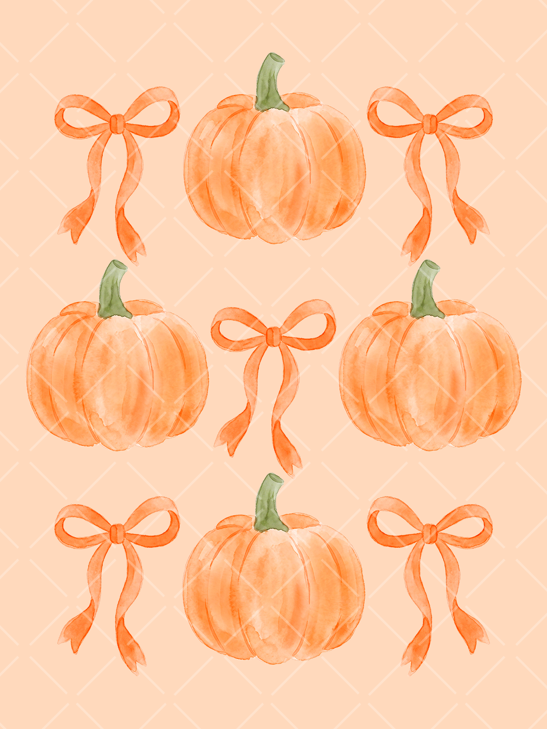 Watercolor design featuring four orange pumpkins with green stems and five flowing orange ribbon bows arranged in a feminine fall composition.