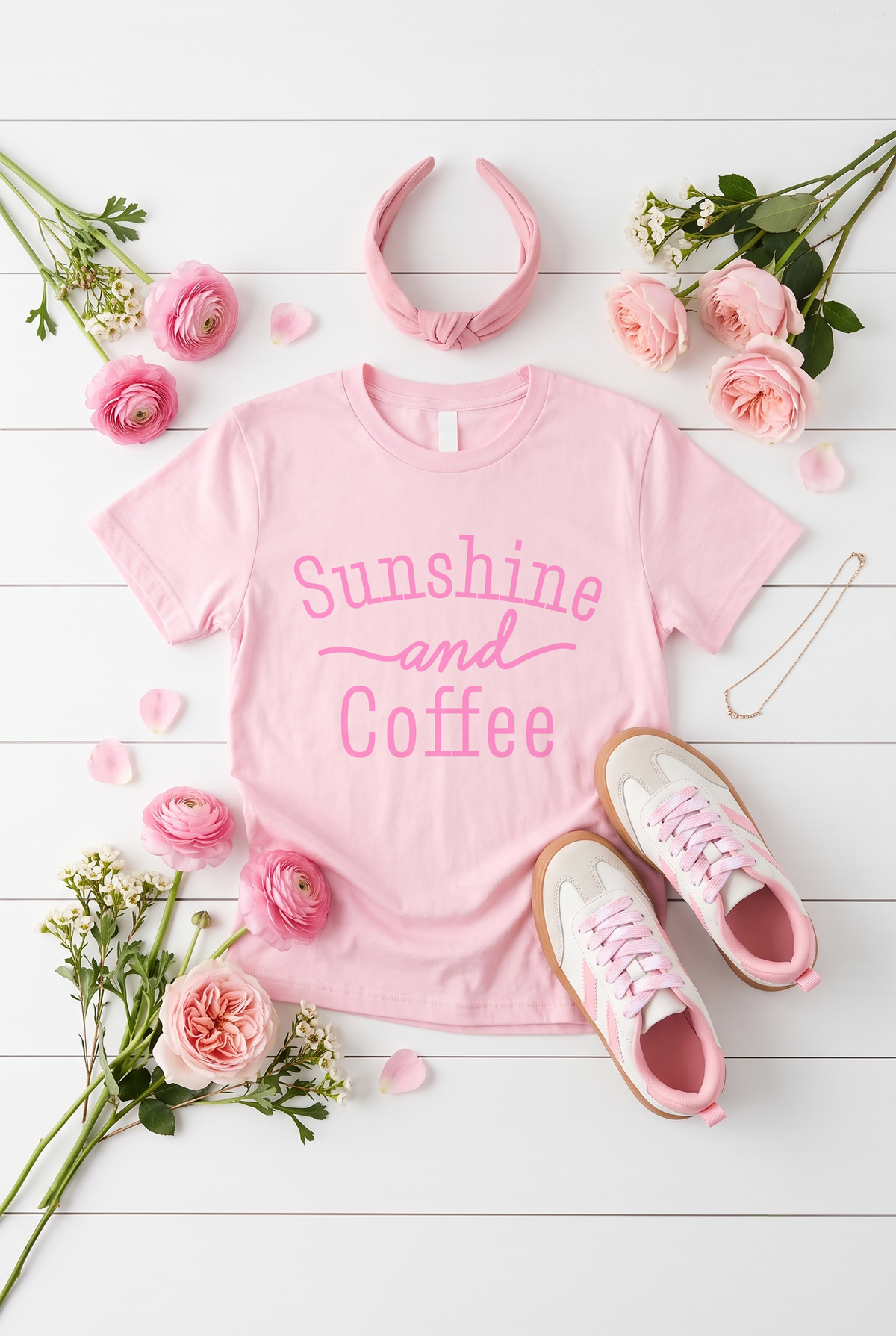 Pink Floral T-Shirt Mockup PNG | Feminine Flat Lay
