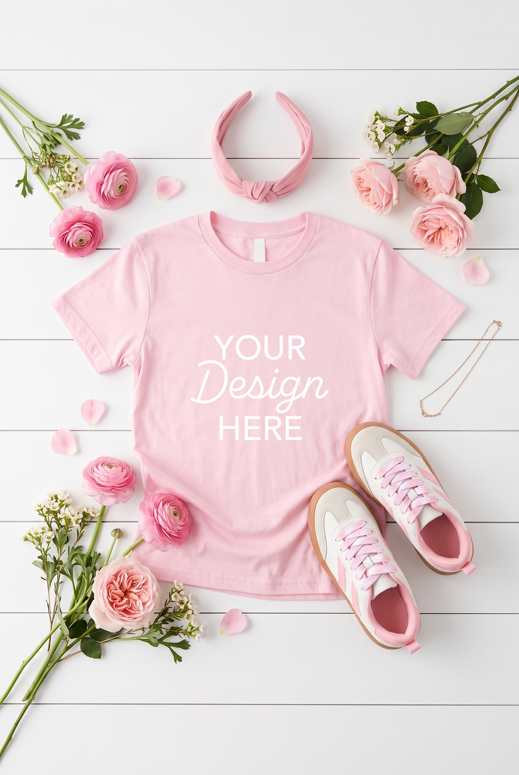 Pink Floral T-Shirt Mockup PNG | Feminine Flat Lay