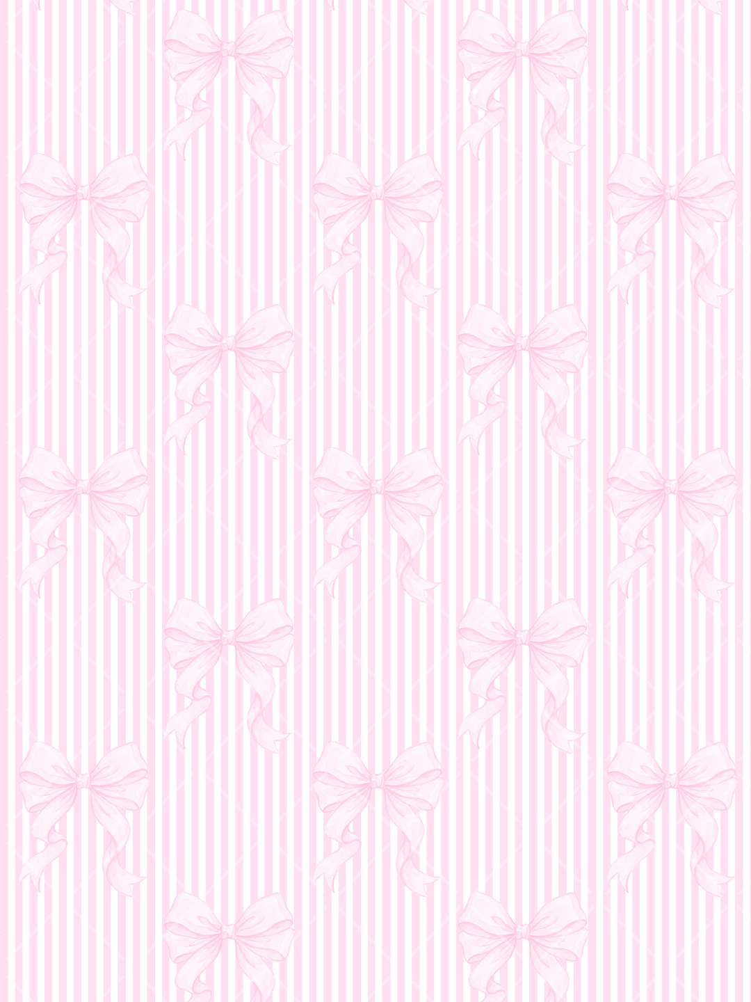 Soft pink watercolor ribbon bows arranged over narrow pink and white vertical stripes in a seamless repeating pattern.