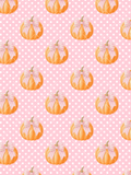 Orange watercolor-style pumpkins topped with pink striped bows on a pink background with white polka dots and subtle diagonal lines.