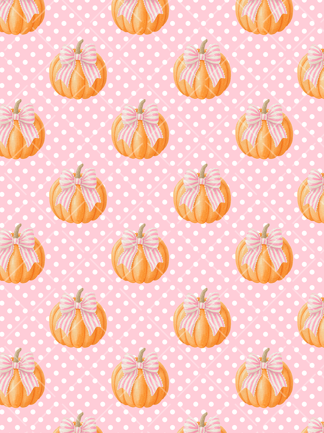 Orange watercolor-style pumpkins topped with pink striped bows on a pink background with white polka dots and subtle diagonal lines.