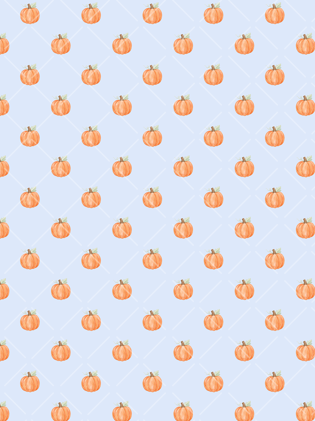 Seamless fall pattern with watercolor orange pumpkins arranged over a baby blue background with a subtle white diagonal lattice.