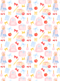 Watercolor seamless pattern with a schoolgirl in a blue gingham dress, pink backpacks, lunch boxes, apples, books, pencils, bells, and bows on white.
