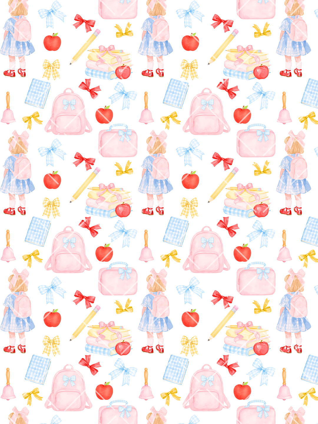Watercolor seamless pattern with a schoolgirl in a blue gingham dress, pink backpacks, lunch boxes, apples, books, pencils, bells, and bows on white.