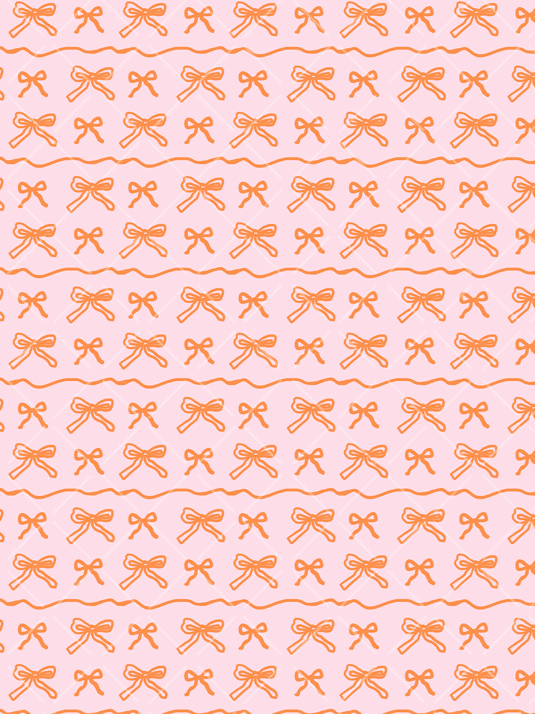 Seamless pattern of hand-drawn orange bows, wavy orange stripes, and a subtle diagonal lattice on a soft pink background.