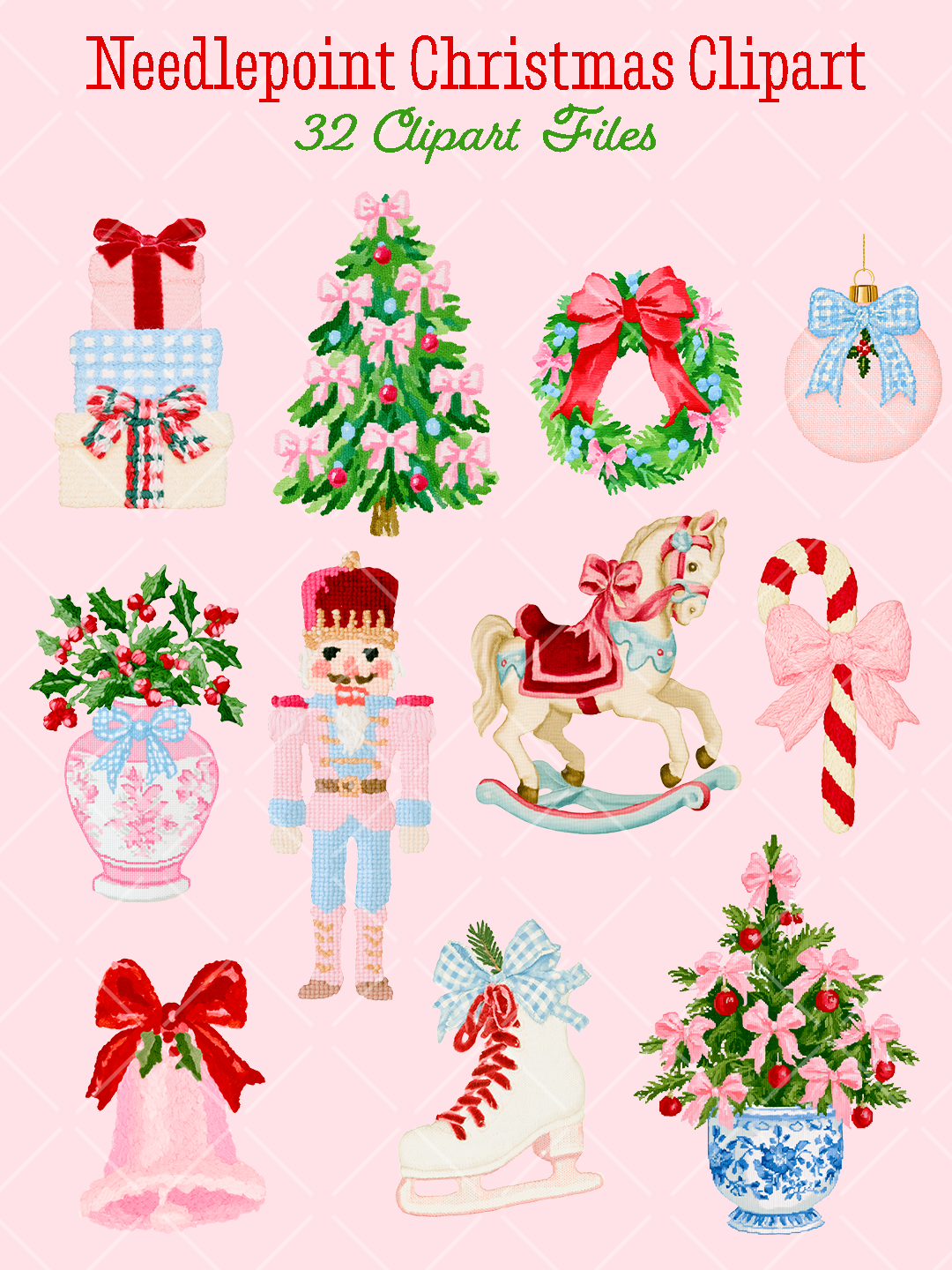 Needlepoint-style Christmas clipart collection with pink bow trees, presents, wreath, ornament, nutcracker, rocking horse, candy cane, ice skate, and chinoiserie planter.