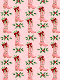 Pink Christmas seamless pattern with watercolor cowboy boots, red bows, green holly leaves, and berries on a pale pink lattice background.