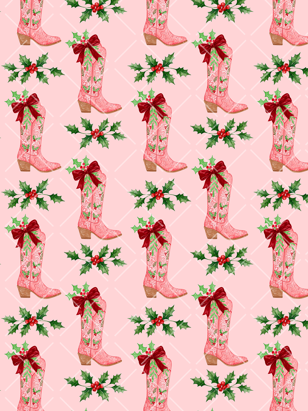 Pink Christmas seamless pattern with watercolor cowboy boots, red bows, green holly leaves, and berries on a pale pink lattice background.