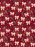Seamless Christmas pattern with cream bows, evergreen sprigs, gold stars, and subtle plaid details on a rich red background.