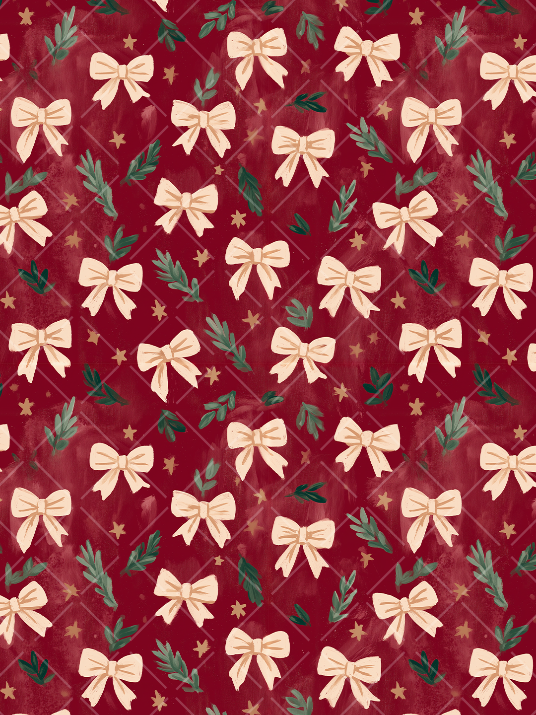 Seamless Christmas pattern with cream bows, evergreen sprigs, gold stars, and subtle plaid details on a rich red background.