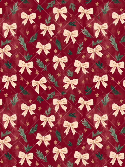 Seamless Christmas pattern with cream bows, evergreen sprigs, gold stars, and subtle plaid details on a rich red background.