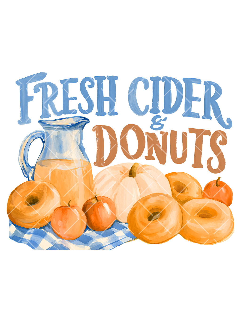 Watercolor Fresh Cider and Donuts design with blue lettering, a cider pitcher, glazed donuts, apples, a pale pumpkin, and blue gingham cloth.