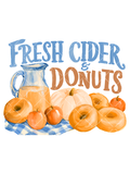 Watercolor Fresh Cider and Donuts design with blue lettering, a cider pitcher, glazed donuts, apples, a pale pumpkin, and blue gingham cloth.