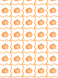 Watercolor orange pumpkins centered inside a repeating orange wavy trellis on a white background