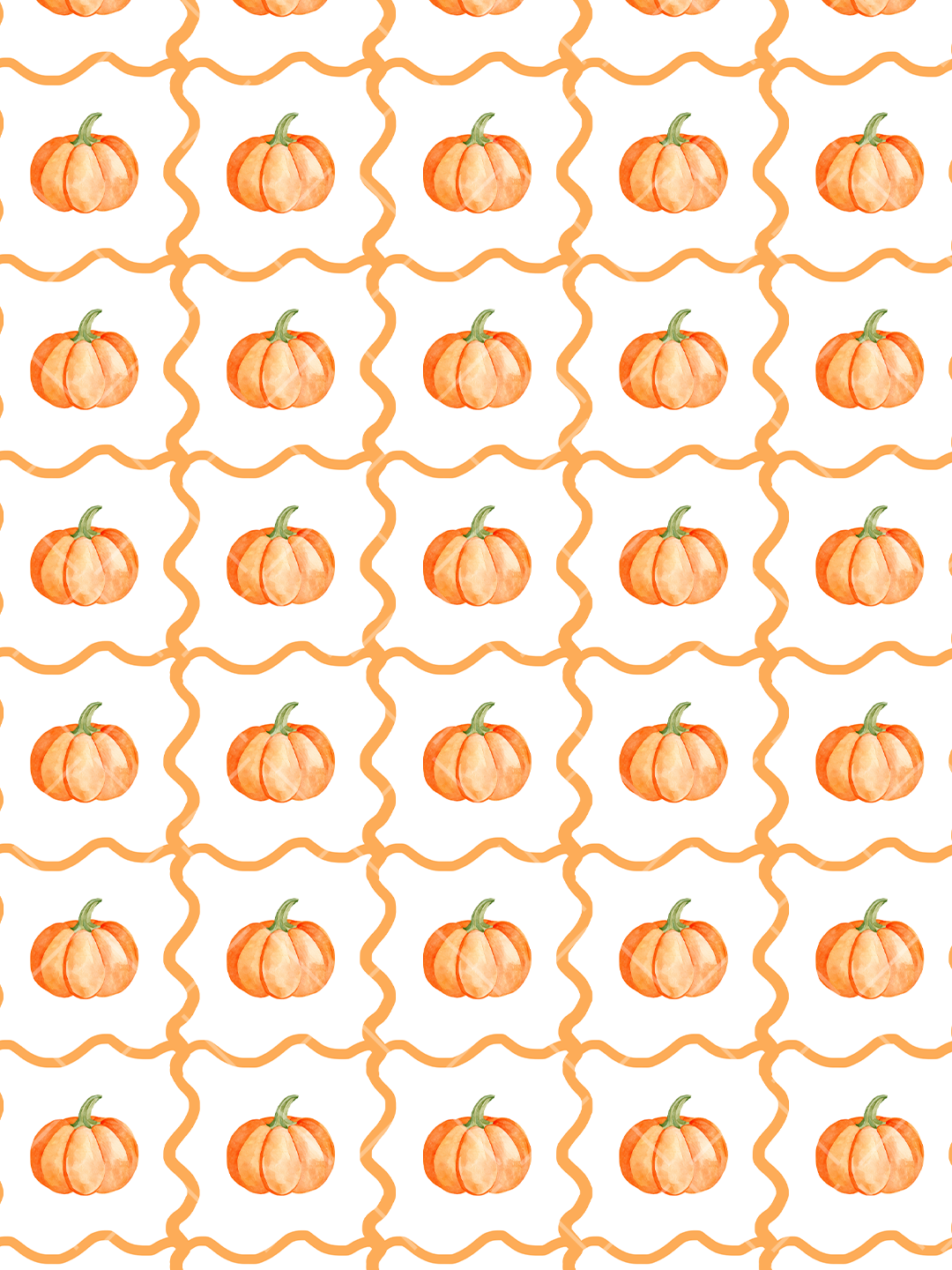 Watercolor orange pumpkins centered inside a repeating orange wavy trellis on a white background