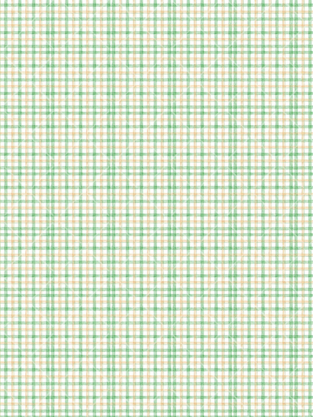 Watercolor windowpane plaid pattern with broad green grid lines and fine orange stripes on a white background.