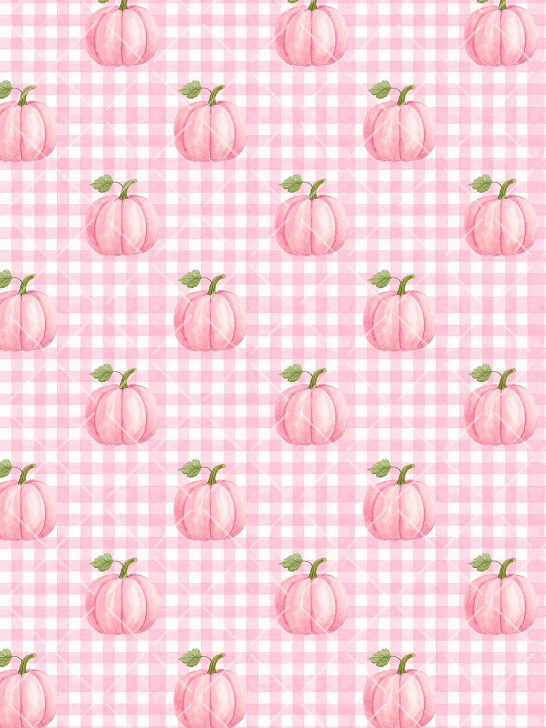 Seamless watercolor pattern with pink pumpkins and green leaves arranged on a pink-and-white gingham background.