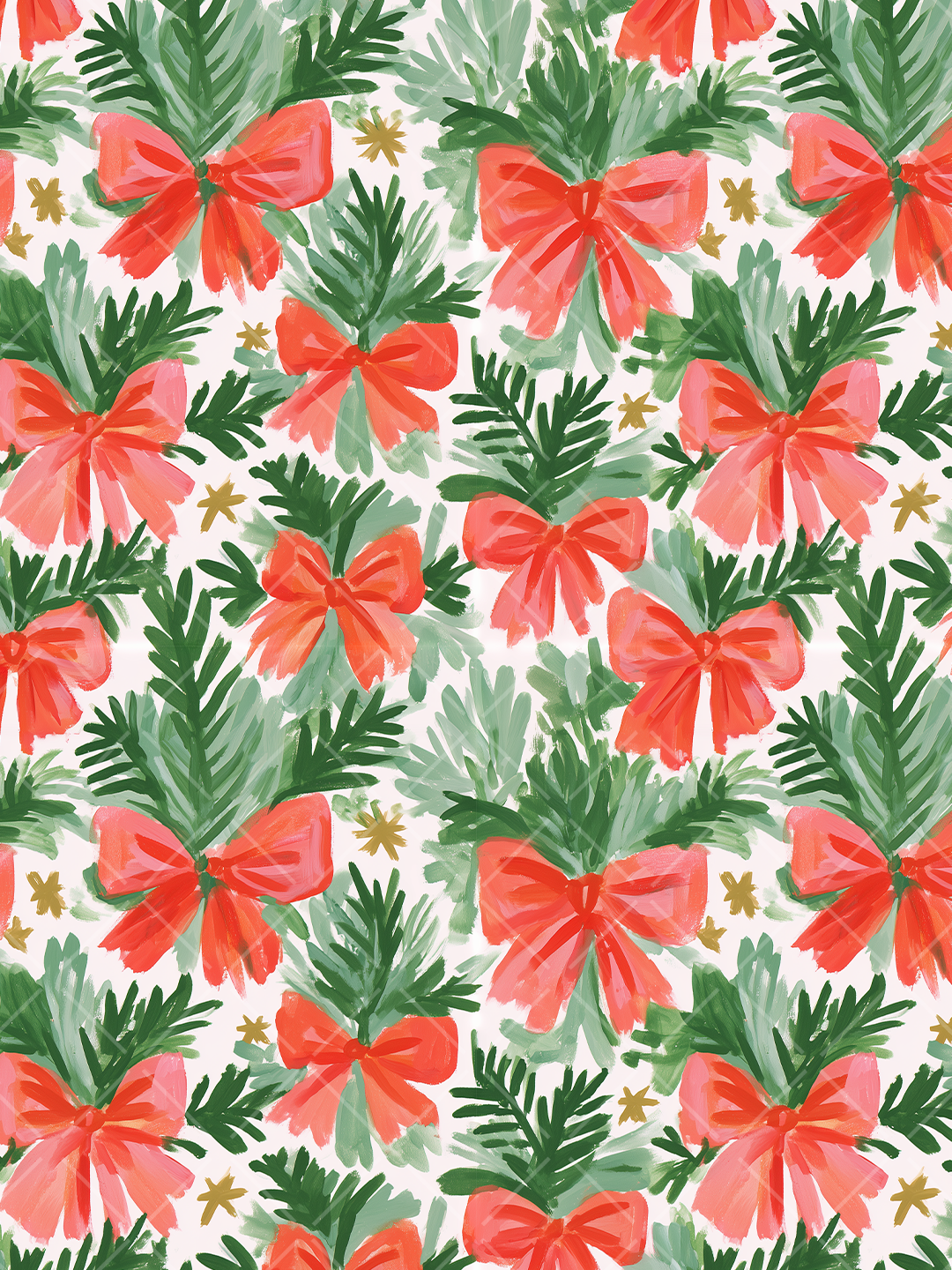 Hand-painted Christmas seamless pattern with coral-red bows, layered evergreen branches, and small gold stars on a warm white background.